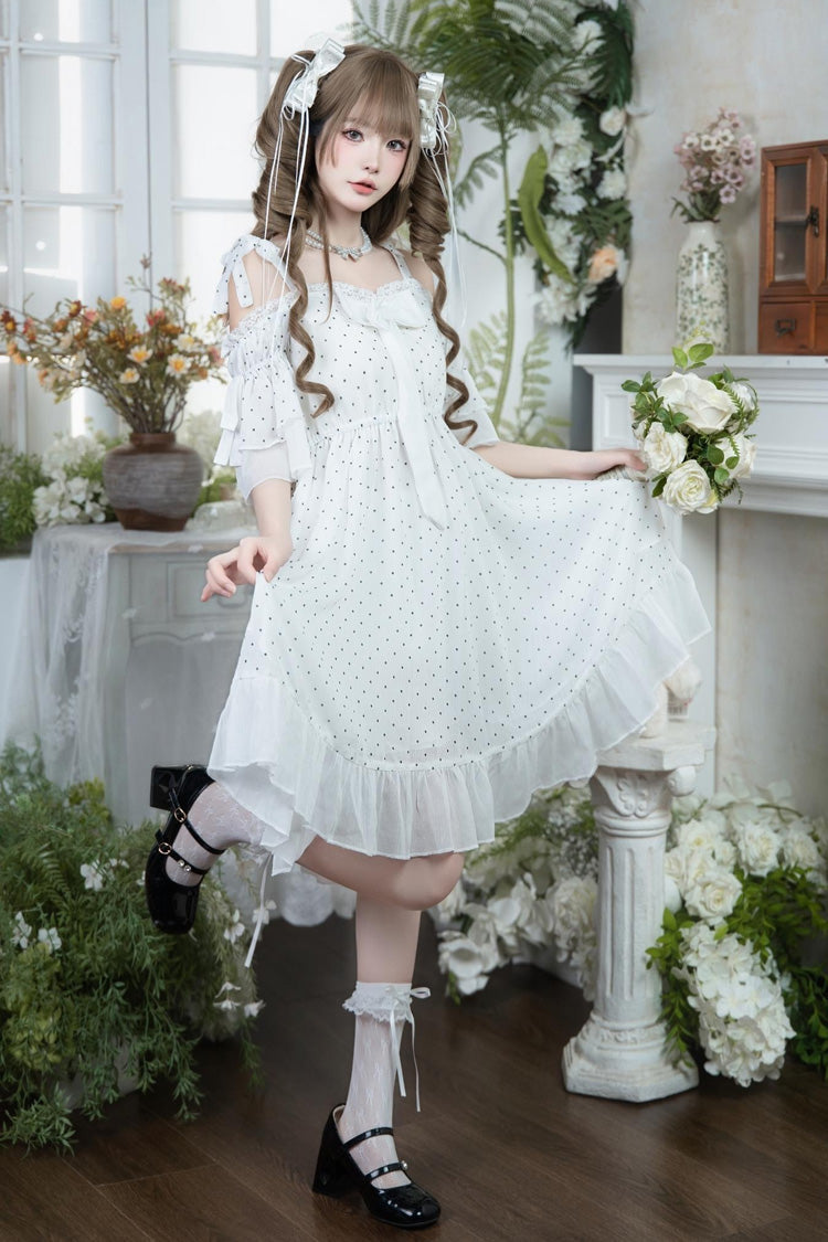 Ivory Off-Shoulder Polka Dot Ruffled Bow Lace Palace Dress