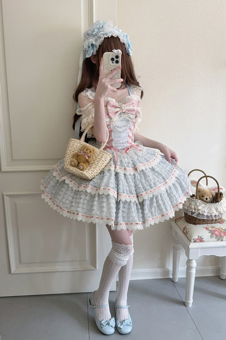 Blue Floral Letters Song Sleeveless Triple-Layered Bow Lace-Up Sweet Lolita Jsk Dress