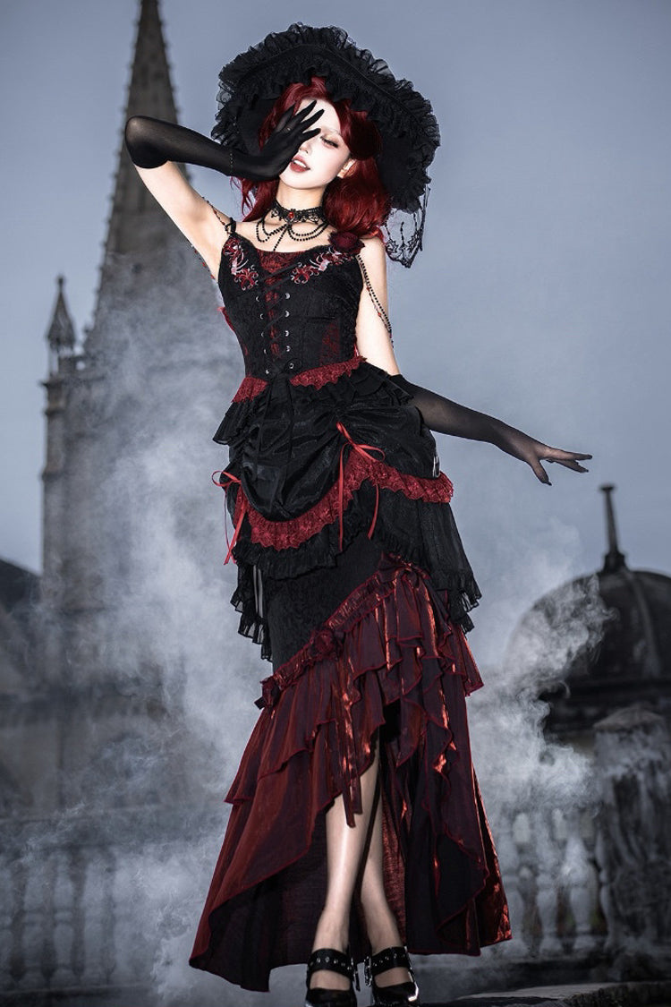 Rotten Bone Flower Lolita Skirt Set with Lace-Up Details - Noir