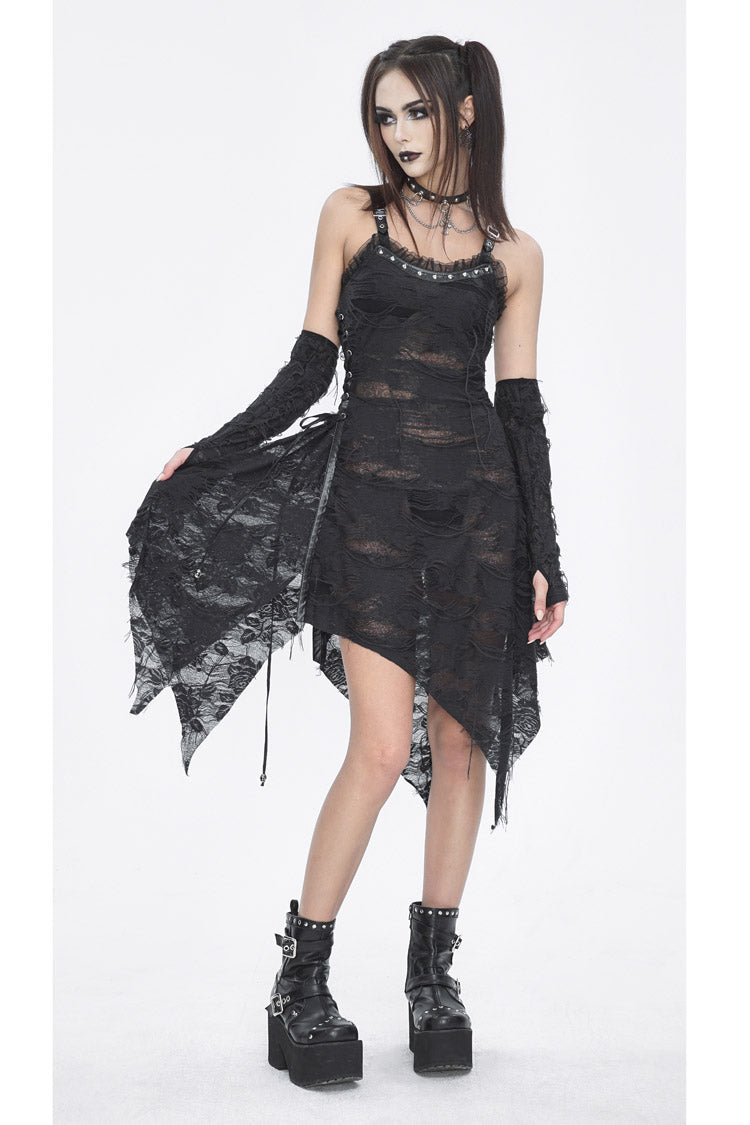 Asymmetric Strap Gothic Slip Dress with Lace Detail - NoirEdge