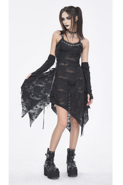 Asymmetric Strap Gothic Slip Dress with Lace Detail - NoirEdge
