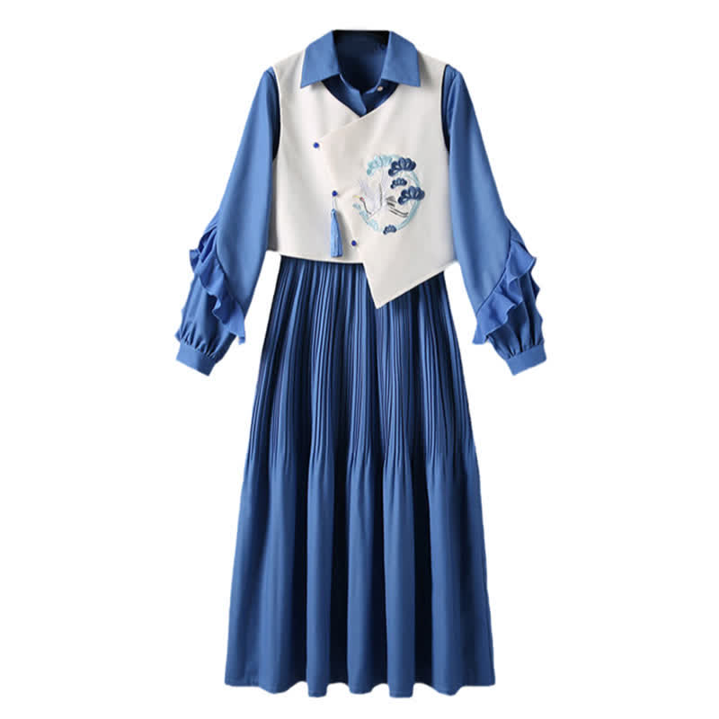 Blaues Kleid-Set mit Weste und Revers, Kranich-Stickerei und Fransen