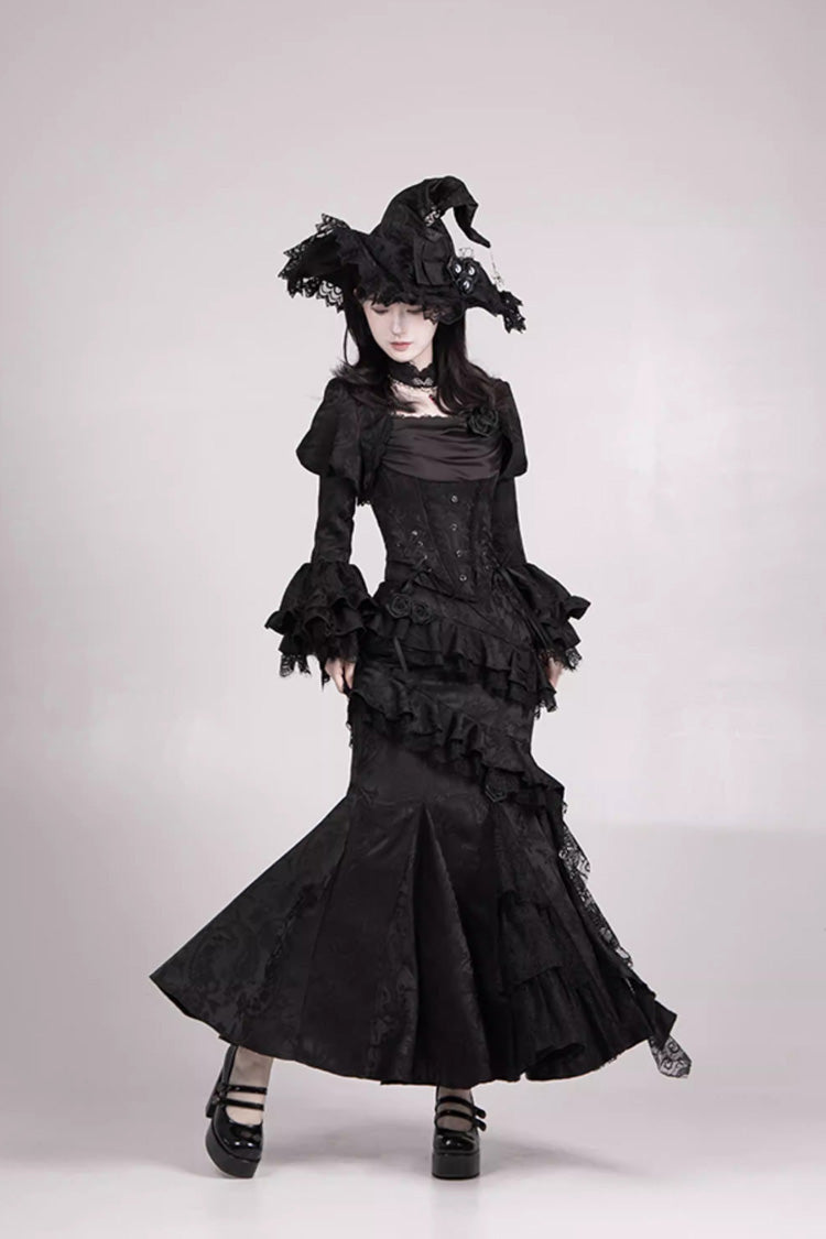 Gothic Lolita Skirt with Multi-Layered Jacquard and Ruffled Witch Design