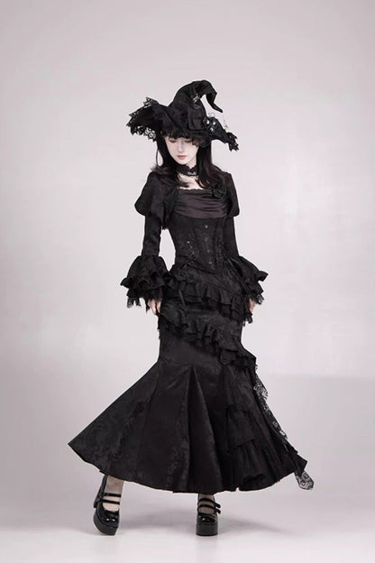 Gothic Lolita Skirt with Multi-Layered Jacquard and Ruffled Witch Design