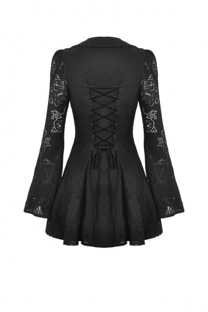 Ebony Embroidered Lace Trumpet Sleeve Corset Dress - Gothic Honeymoon Gown
