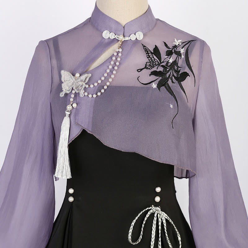 3D Butterfly Pearl Slip Top Dress Lace-up Decor