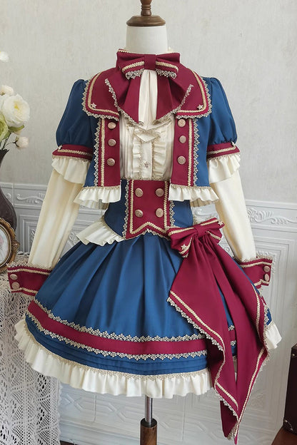 Red White Blue Star Idol Round Collar Ruffle Bowknot Sweet Princess Lolita Full Set