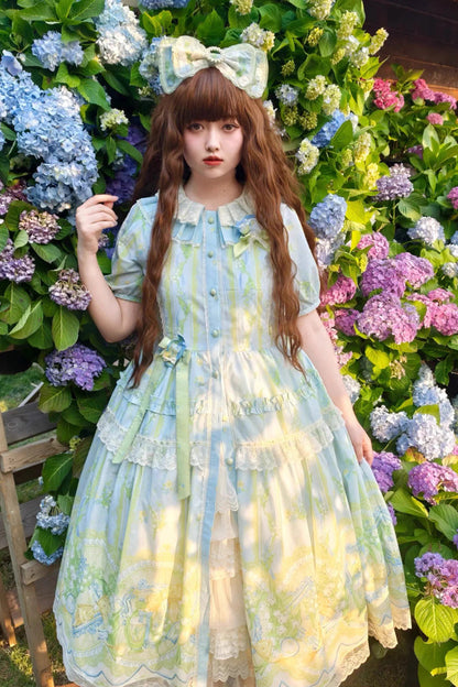 Blue Green Lily of the Valley Perfume Pearl Candy Tea Doll Collar Short Sleeve Print Lace Plus Sweet Lolita OP