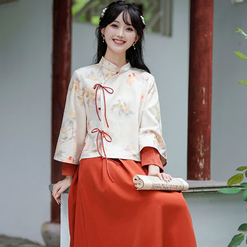 Waist Sweatshirt Vintage Bamboo Pleated Skirt Print High