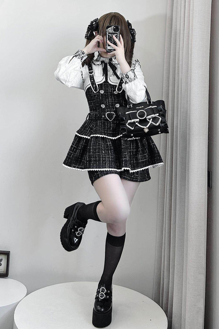 Black Plaid Pearl-Decorated Sweet Japanese Strap Dress Set