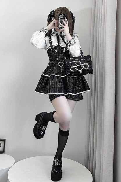 Black Plaid Pearl-Decorated Sweet Japanese Strap Dress Set
