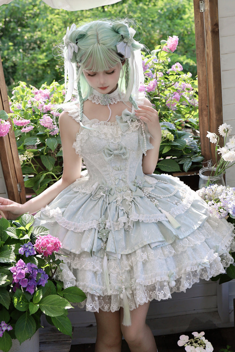 Emerald Prelude of Spring Cherry Square Collar Sleeveless Jacquard Ruffled Bow Lace Pearl Lolita JSK