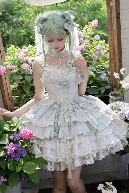 Emerald Prelude of Spring Cherry Square Collar Sleeveless Jacquard Ruffled Bow Lace Pearl Lolita JSK