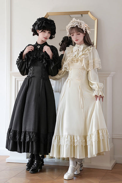 Stand Collar Gothic Dress with Long Sleeves and Lace-Up Ruffled Bow - Letters & Poems · Day and Night