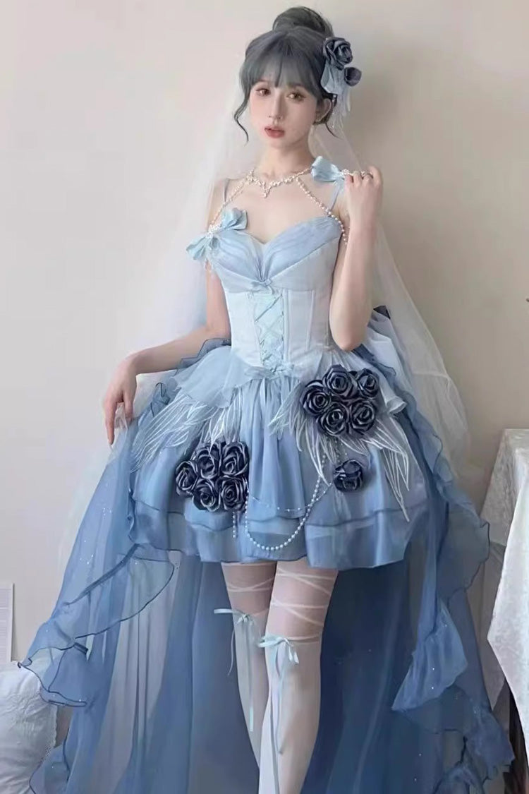 Sky Blue Sweet Ballet Lolita Swan Wonderland Embroidery Lace-Up Mini JSK Dress