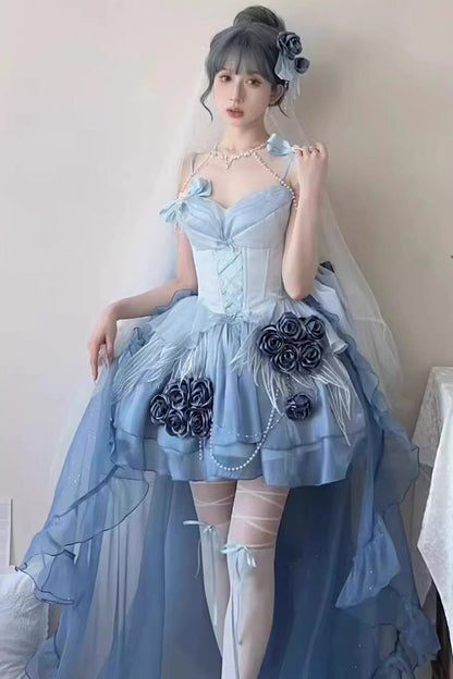 Sky Blue Sweet Ballet Lolita Swan Wonderland Embroidery Lace-Up Mini JSK Dress