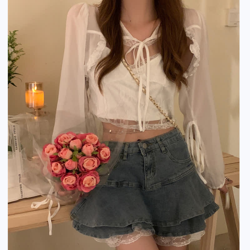 Cardigan Lace Cami Top Undershorts Tiered Mini Denim Skirt