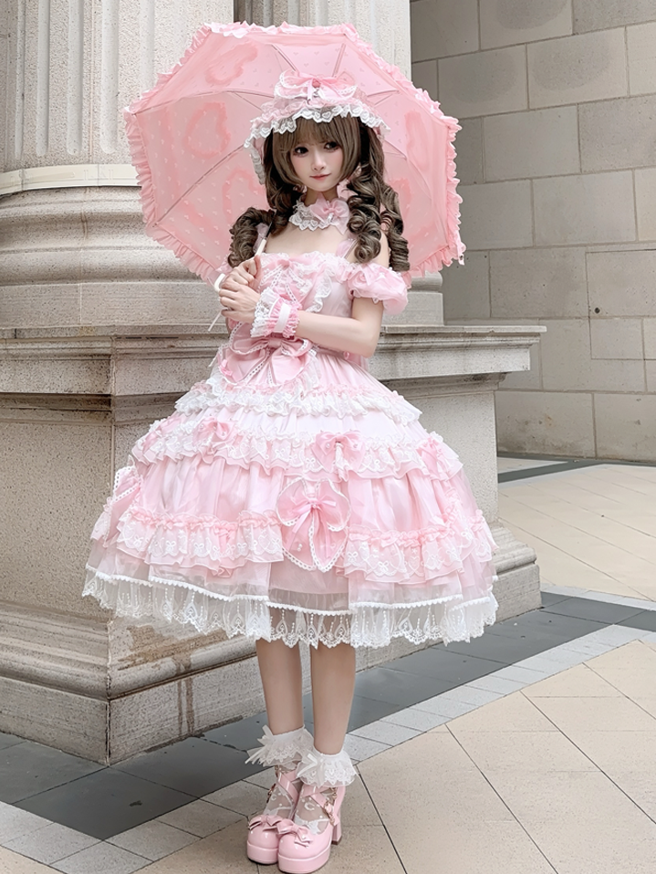 Sweet Pink Bow Accents and Bead Details Princess Lolita Dress with Big Bow at Back
