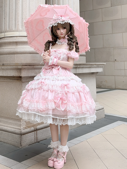 Sweet Pink Bow Accents and Bead Details Princess Lolita Dress with Big Bow at Back