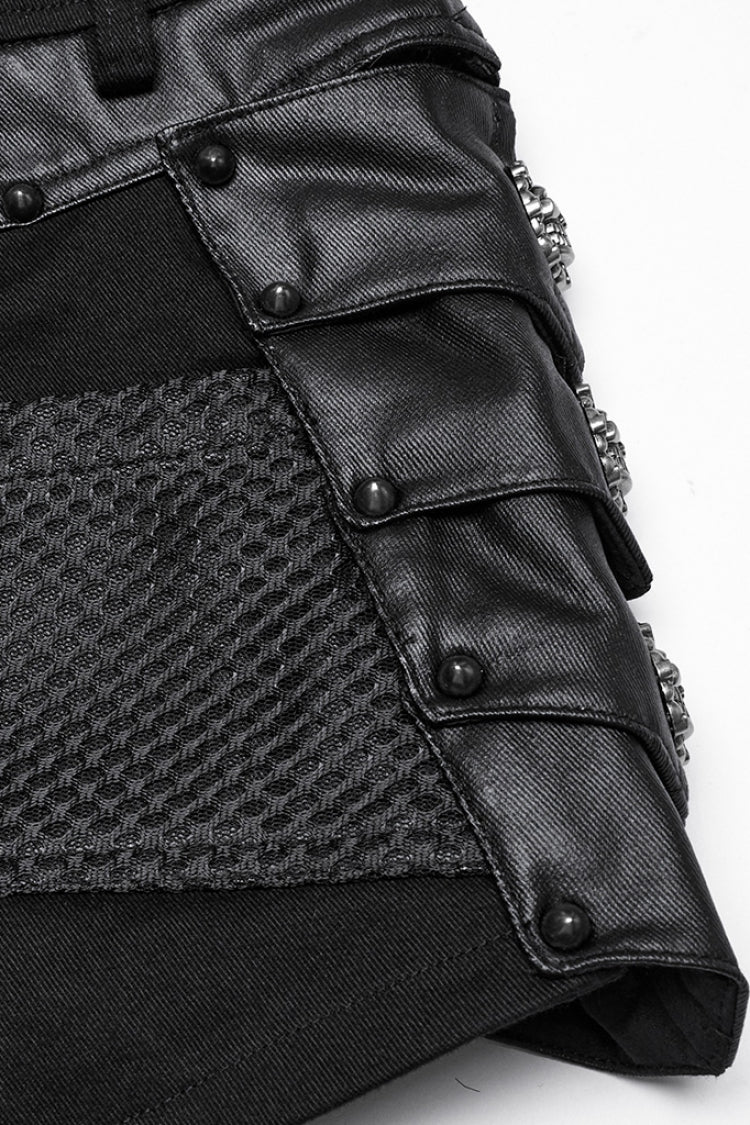 Faux Leather Punk Shorts with Mesh and Stud Embellishments