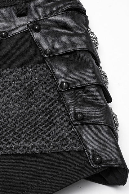 Faux Leather Punk Shorts with Mesh and Stud Embellishments