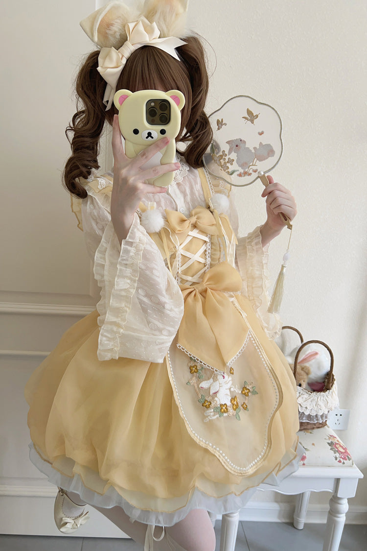 Moon Rabbit Shadow Embroidery Ruffle Bow Lace Sweet Lolita JSK in Yellow