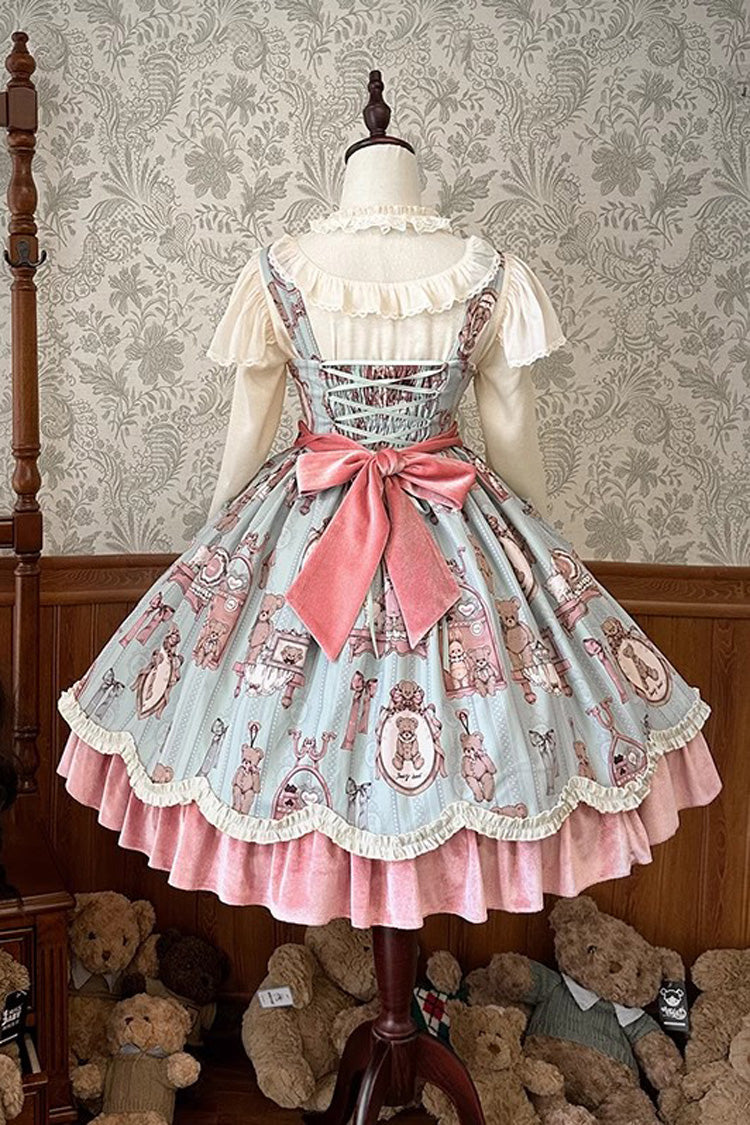 Pink/Green Sweet Lolita Bear Doll Print Ruffle Embroidery JSK Dress