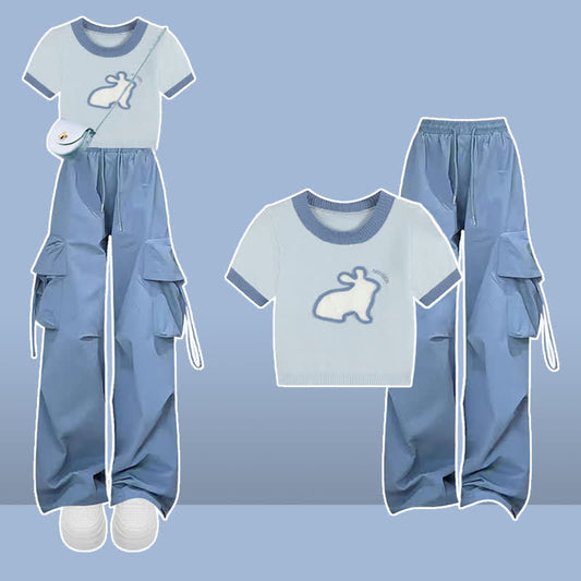 Knit Pattern Pants T-Shirt Blue Rabbit Cargo