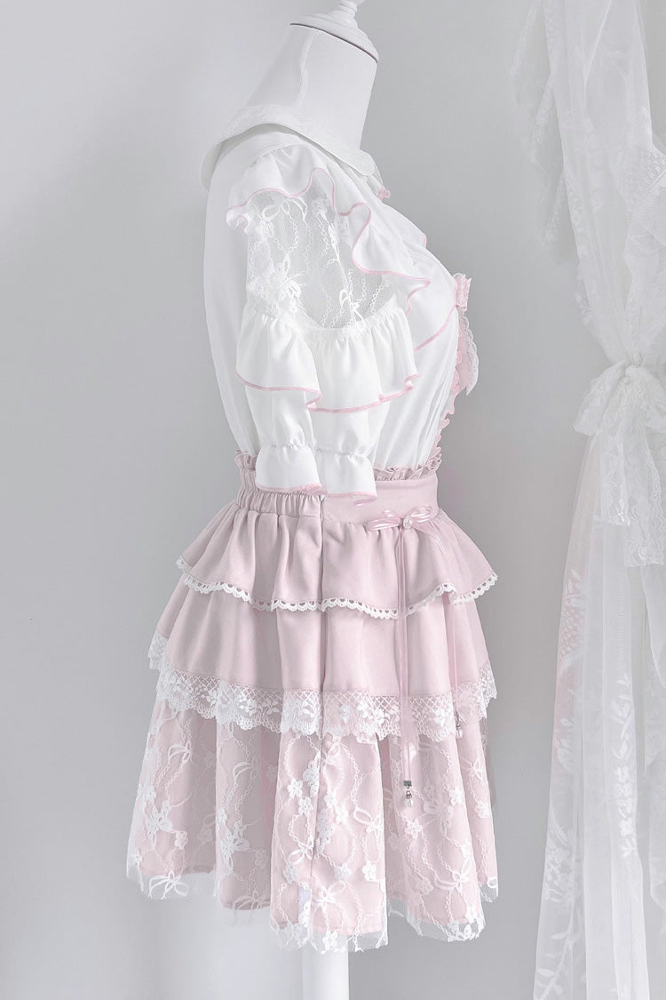 Triple-Layered Ruffle Bowknot Lace Jirai Kei Skirt Set