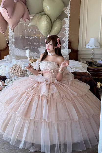 Rose Mousse Love Song Sleeveless Layered Ruffles Bride Bow Sweet Lolita Gown