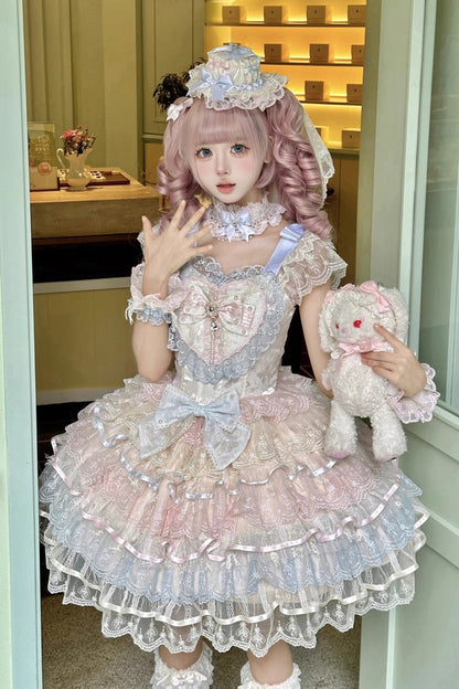 Rainbow Feathers Ballad Sleeveless Multi-Layered Ruffle Hanayome Bow Sweet Lolita Jsk Dress