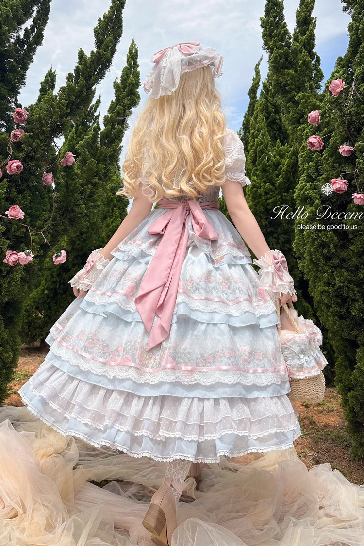 Multicolor Rose Flower Cage Print Triple Ruffle Bow Dress