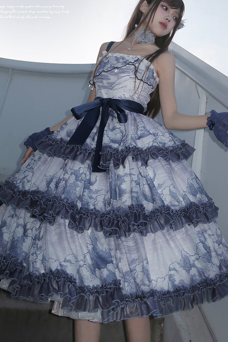Multihued Layered Cloud Print Ribboned Lolita Jumper
