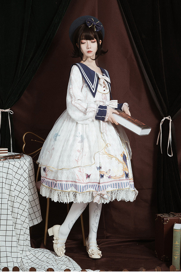 Ivory Navy Collar Butterfly Print Ruffled Bow Princess Gown