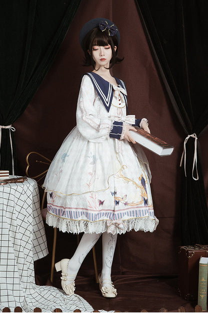 Ivory Navy Collar Butterfly Print Ruffled Bow Princess Gown