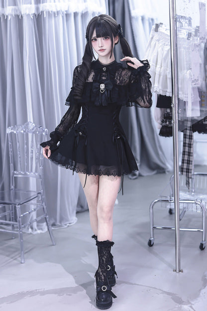 Lace Doll Round Collar Long Sleeves Ruffled Cut-Out Embroidered Bow Lace Gothic Jirai Kei Japanese Dress