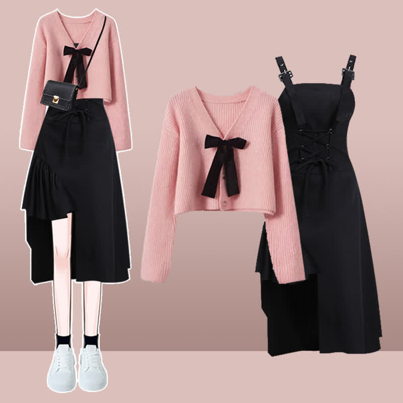 Pink Bow Knot Knit Cardigan Sweater Irregular Suspender Dress