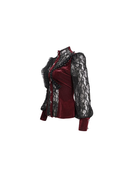Velvet High Neck Lace Fake Bra Design Butterfly Mesh Gothic Shirt