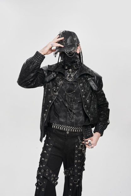 Men's Punk Coat with Buckle Zipper Straps and Stitched Black Faux Leather