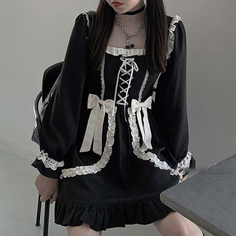 Black Lace Up Lolita Bow-Knot Maid Dress