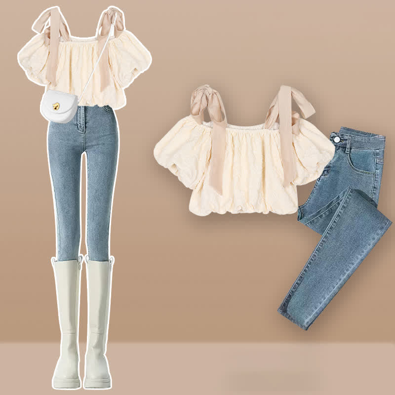 Lace Puff Crop Denim Pants T-Shirt Shoulder Up Skirt