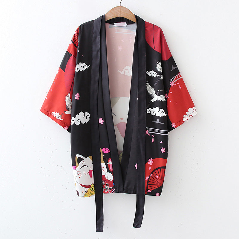 Cardigan kimono rouge à imprimé chat porte-bonheur animé