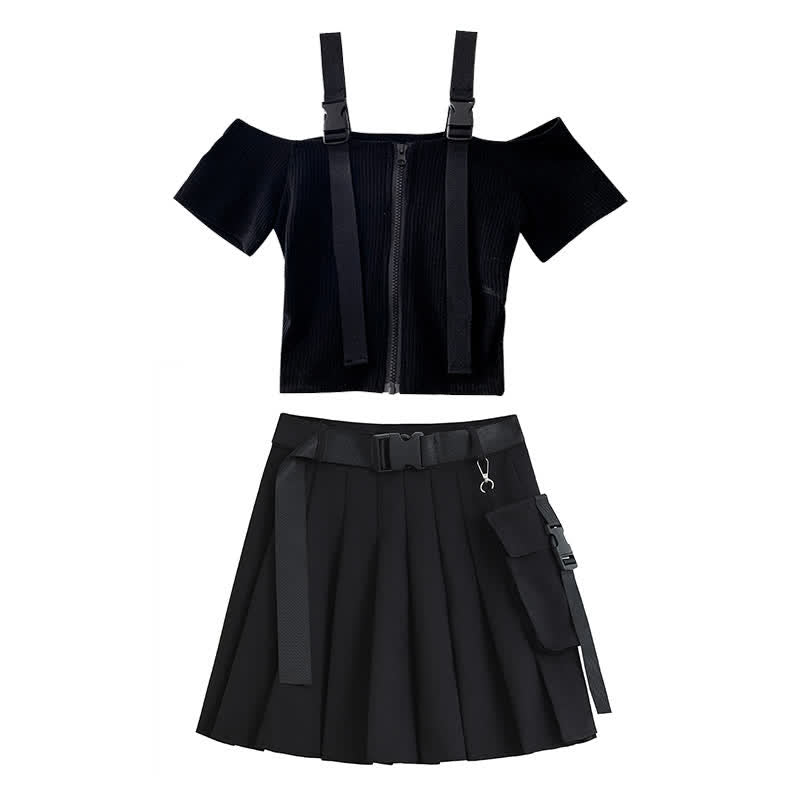 Black Cool Buckle Strap Zipper Crop Top Belted Pleated Skirt