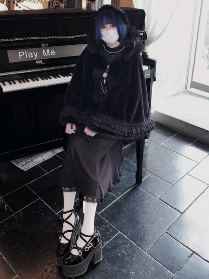 Cat Ears Design Plush Hooded Cape Plush Trim