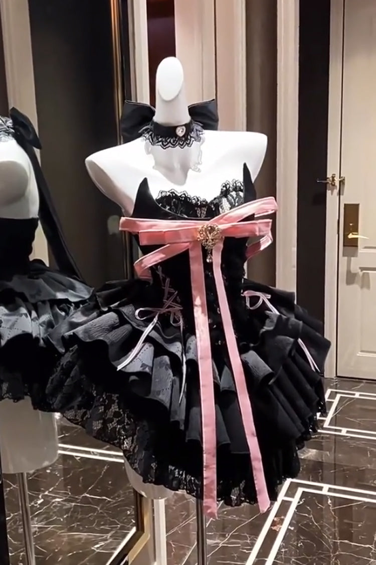 Kitten Sweetheart Multi-Layered Ruffled Bow Lace-Up Princess Ballet Gothic Lolita Jsk Dress