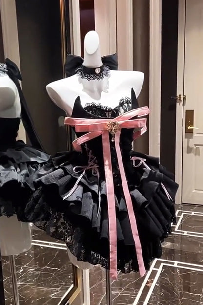 Kitten Sweetheart Multi-Layered Ruffled Bow Lace-Up Princess Ballet Gothic Lolita Jsk Dress