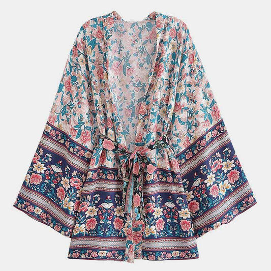 Cardigan à ceinture imprimé floral bohème