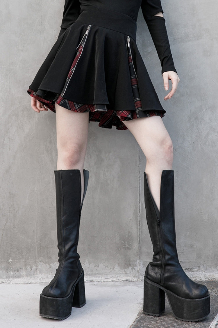 Red Plaid Pleated Skirt with Punk Attitude
