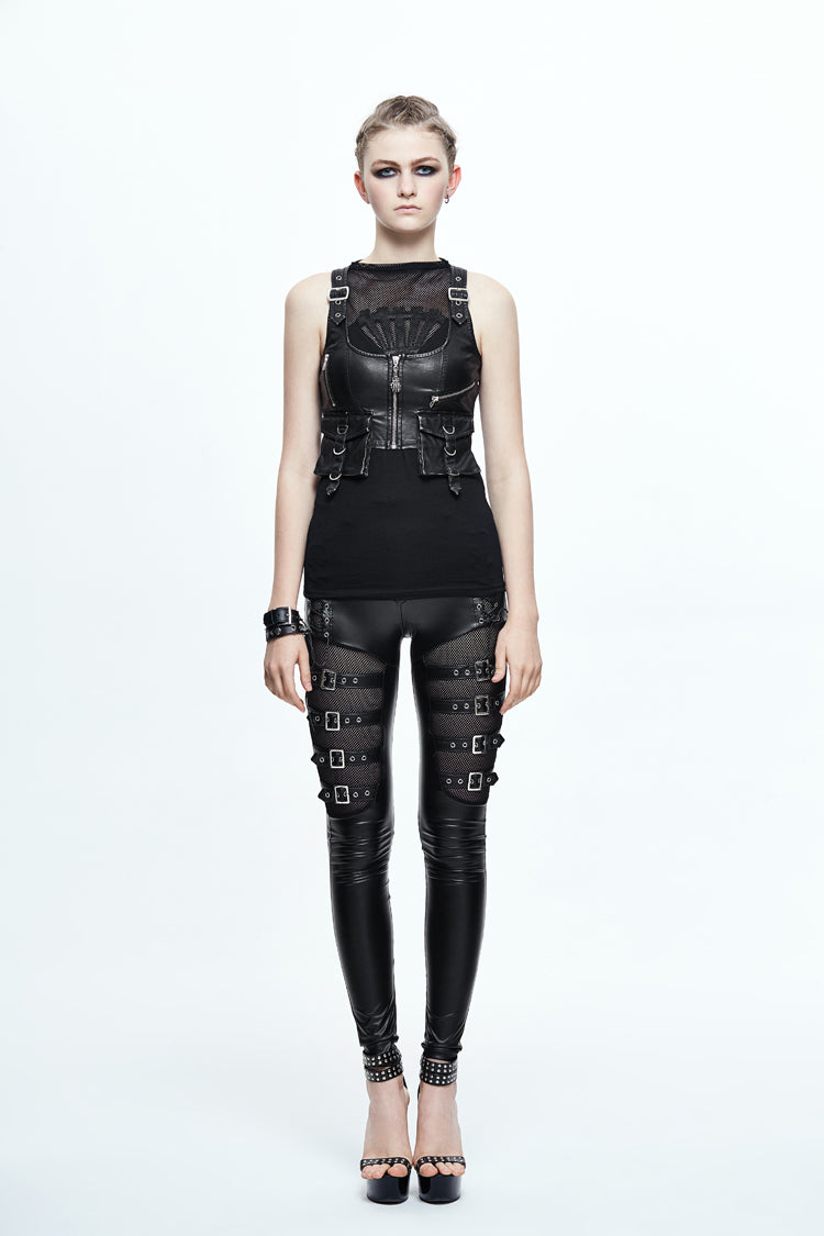 Hand-Rubbed Leather Punk Waistcoat with Hasp Zipper - Noir