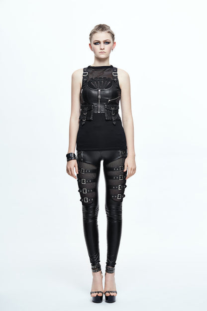 Hand-Rubbed Leather Punk Waistcoat with Hasp Zipper - Noir